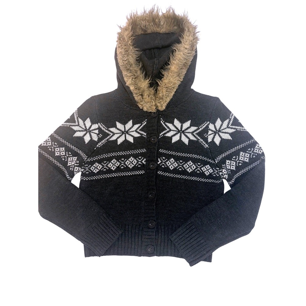 Sweater Project Womens Cardigan Large Snowflake Faux Fur Hood